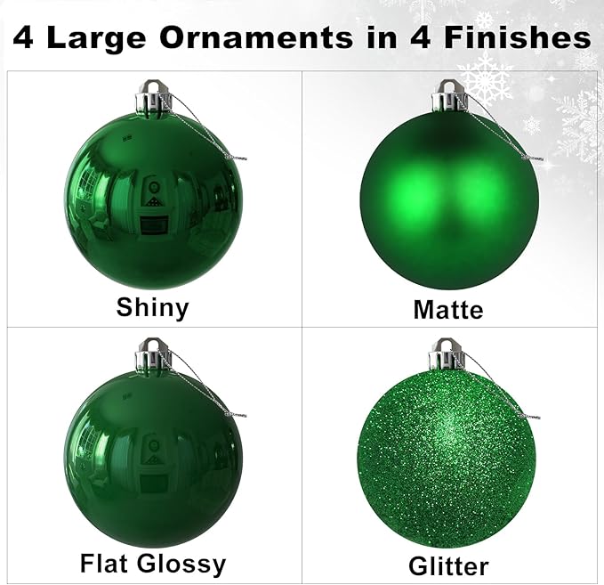Emerald Green 4.0" Large Christmas Balls - Christmas Tree Decoration Ornaments Shatterproof Hanging Balls for Birthday Halloween Holiday Wedding Decorations Set of 4pcs