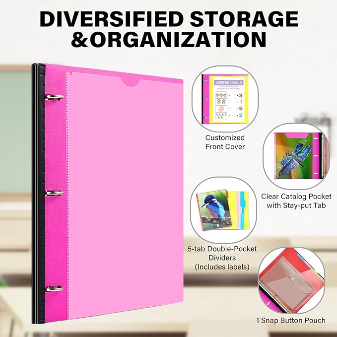 WOT I Telescoping Project Organizer 2-Pack, Refillable Binder with Dividers and Pockets, 13 Pocket Folders, 1 Inch 3 Ring Binder, Pink