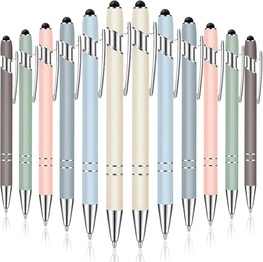 Tenare 12 Pieces 2 in 1 Stylus Metal Ballpoint Pen with Stylus Tip, 1.0 mm Black Ink Ballpoint Pen for Touch Screens(Morandi Color and Silver)