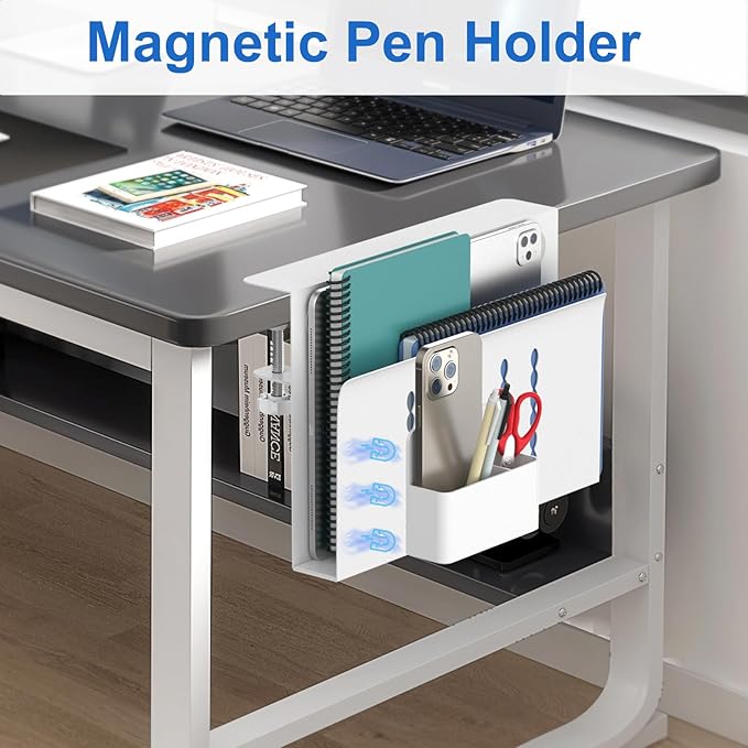 HAMOPY Desk Side Storage, Single-Layer Steel Hanging Desk Organizer with Magnetic Pen Holder, No Drilling Desk Drawer Cable Management Tray, Under Desk Laptop Holder for Office, School&Home(White)