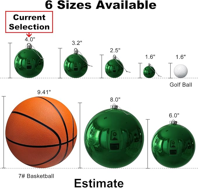 Emerald Green 4.0" Large Christmas Balls - Christmas Tree Decoration Ornaments Shatterproof Hanging Balls for Birthday Halloween Holiday Wedding Decorations Set of 4pcs