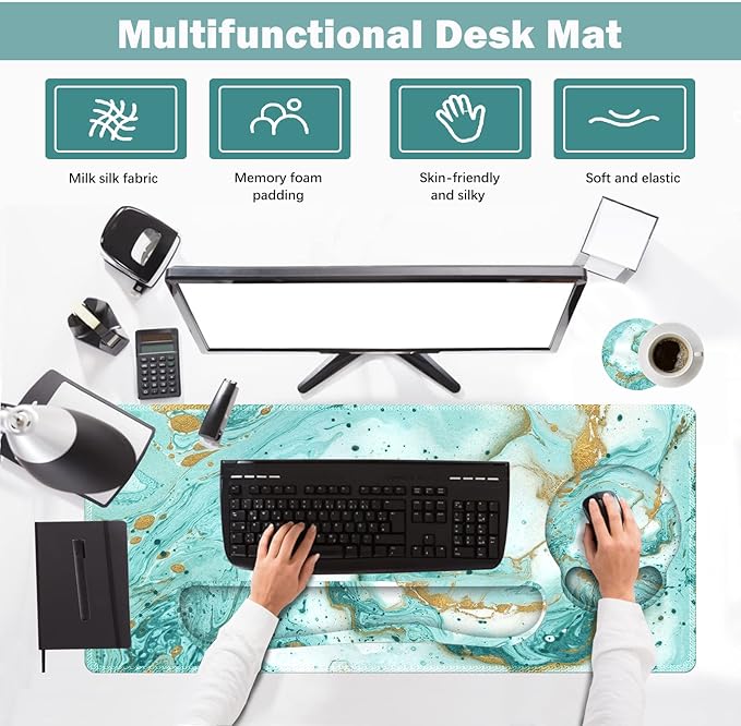 ARTSO Large Mouse Pad Set, Ergonomic Keyboard Wrist Rest Support, Memory Foam Gel Extended Non-Slip Desk Blotter Pad for Office, Home, Teal Turqoise Marble