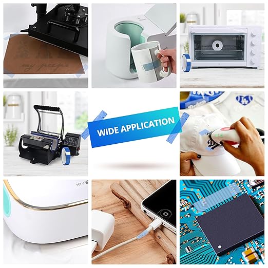 HTVRONT Heat Tape for Sublimation, 4 Rolls 10mm x33m 108ft Heat Resistant Tape for Heat Press, Heat Transfer Tape Thermal Tape for Electronics & Heat Vinyl Press Tape No Residue(Blue)