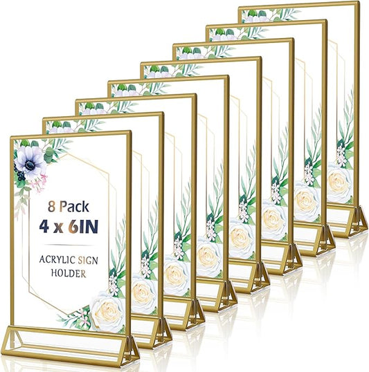 4x6 Acrylic Sign Holders 8 Pack Gold Table Number Holder for Wedding Picture Frame Double Sided Table Menu Stands with Vertical Stand, Photos and Art Display
