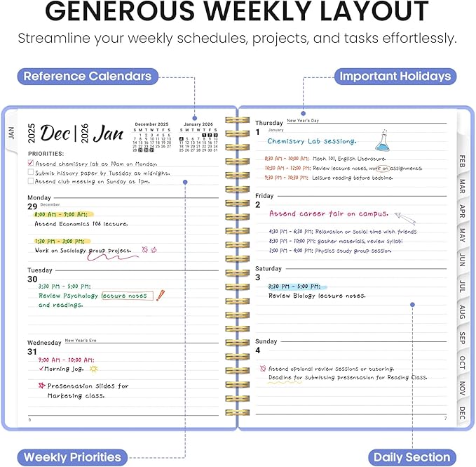 2026 Planner, Weekly and Monthly Calender Planner, Jan 2026 to Dec 2026, Hardcover 2026 Calendar Planner Book with Tabs & Inner Pocket, Office Home School Supplies for Women & Men - A4 (8.5" x 11"), Lavender