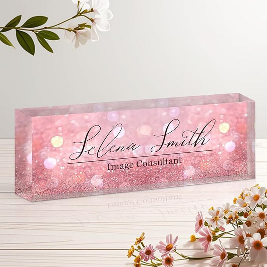 Ship Next Day Personalized Name Plate for Desk, Custom Acrylic Desk Name Sign, Office Appreciation Gifts for Women Men Coworkers Boss Teacher Employee (Pink Sequin)