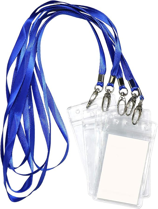 Lanyard with ID Holder 50 Pcs Waterproof Name Tag Vertical Badge ID Card Holders ID Pass Holder and 50 Pcs Flat Neck Blue Lanyards Swivel Hook