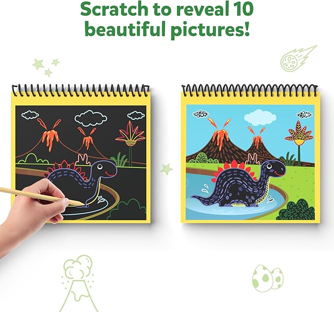 Skillmatics Scratch Art Book for Kids - Dinosaurs, Craft Kits & Supplies, 30+ Scratch Stickers, Travel Toys, DIY Kit, Gifts for Boys & Girls Ages 3, 4, 5, 6, 7, 8
