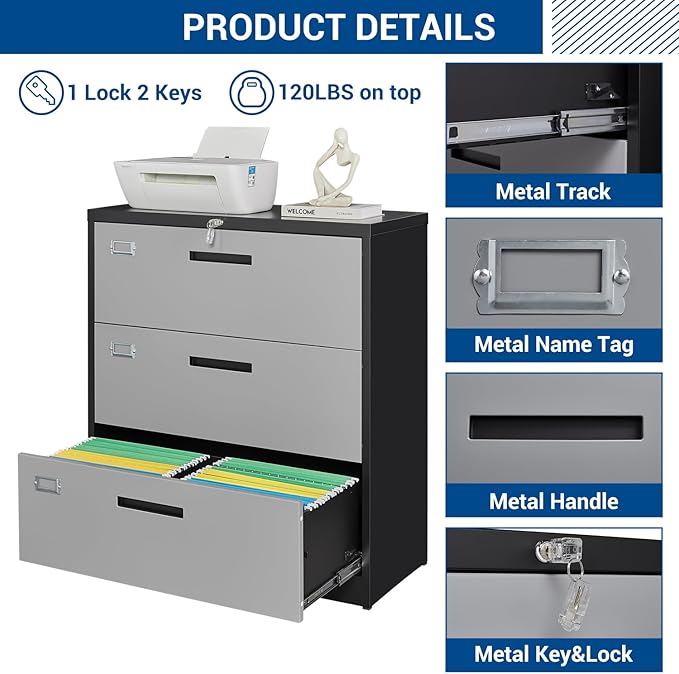 3 Drawer Lateral File Cabinet with Lock, Metal Steel Filling Cabinets for Home Office, Gray Lockable Storage Cabinet for Hanging Files Letter/Legal/F4/A4 Size-Assembly Required