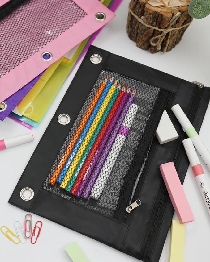 Pencil Pouch for 3 Ring Binder - Small Zipper Pen Case, Black Pencil Pouches for Boys Kids, School Supplies, 3 Hole Nylon Pencil Bag Accessories Clear Window Aesthetic Organizer