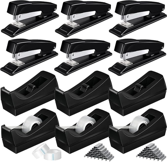 Thenshop 12 Pcs Desk Staplers Tape Dispensers Sets Black Staplers for Desktop Office with Standard Staples Black Holder with White Tape for Office School