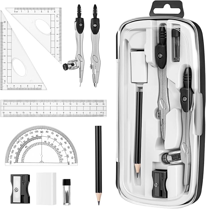 Zonon Math Geometry Set 10 Pcs Student Supplies with Shatterproof Storage Box, Includes Rulers Protractor Compass Pencil Sharpener Lead Refills Eraser Pencil for Drafting and Drawings (Black)
