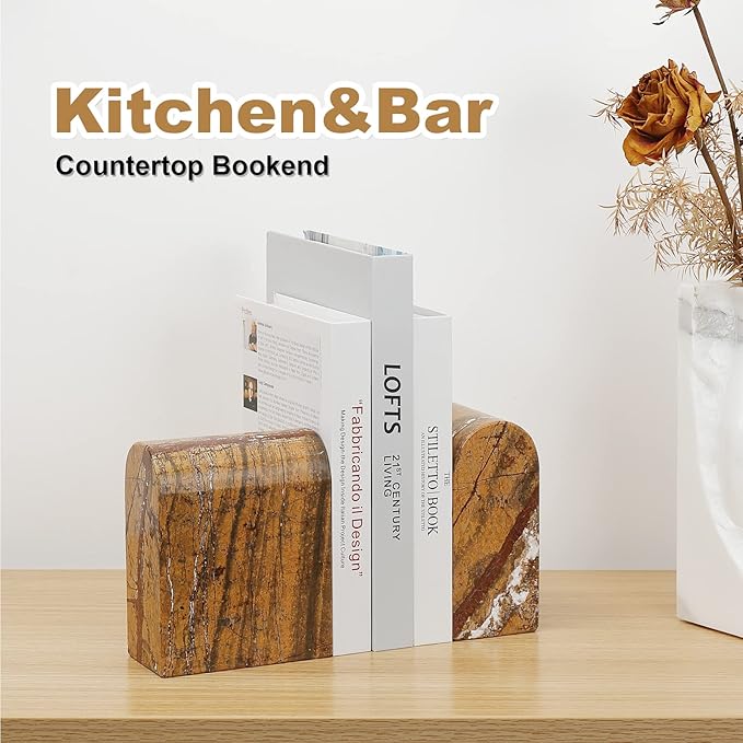 Koville Indian Natural Marble Bookends for Shelves, Book Ends for Heavy Books, 13LBS Ultra Heavy Duty Book Holders, Triumphal Arch Bookends Bookshelf Decor for Movies/CDs/Video Games(Rainforest Gold)