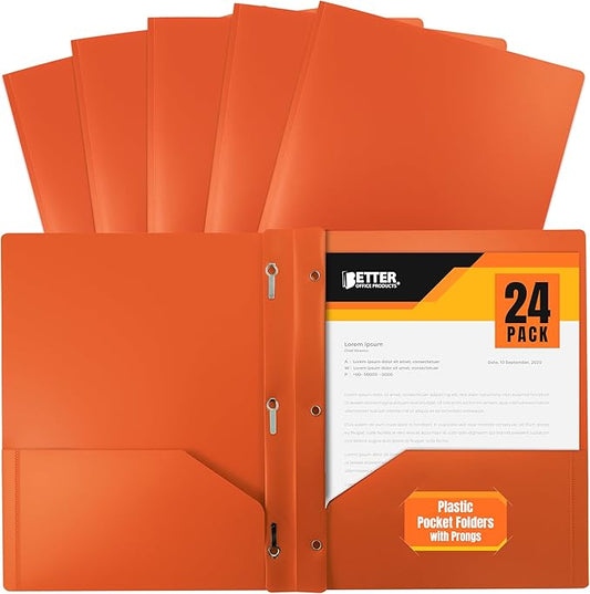 Better Office Products Orange Plastic 2 Pocket Folders with Prongs, Heavyweight, Letter Size Poly Folders, 24 Pack, with 3 Metal Prongs Fastener Clips, Orange