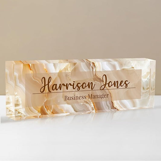 Personalized Name Plate for Desks, Custom Desk Name Plates, Acrylic Name Plate Office Desk Accessories, Personalized Office Gifts for Coworkers Teachers, Employee Appreciation Gifts (B-Gold Flowing)