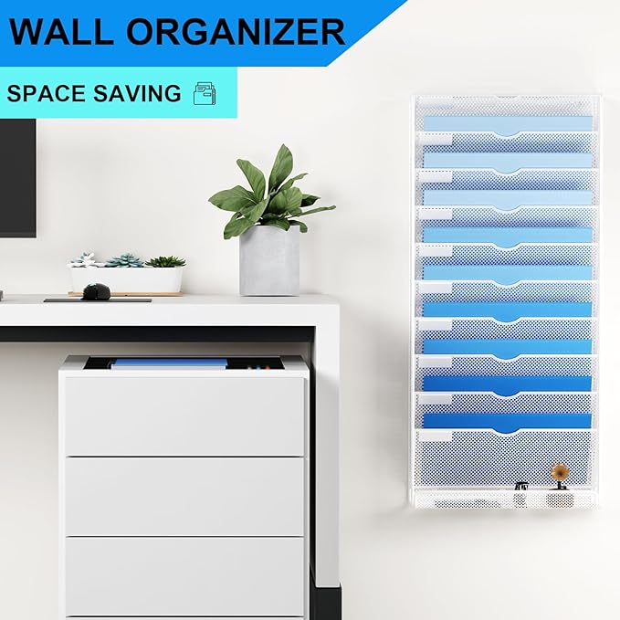 Hanging Wall File Organizer 10 Tier Wall Mounted File Holder Document Wall Organizer Magazine Organization for Office Home, White