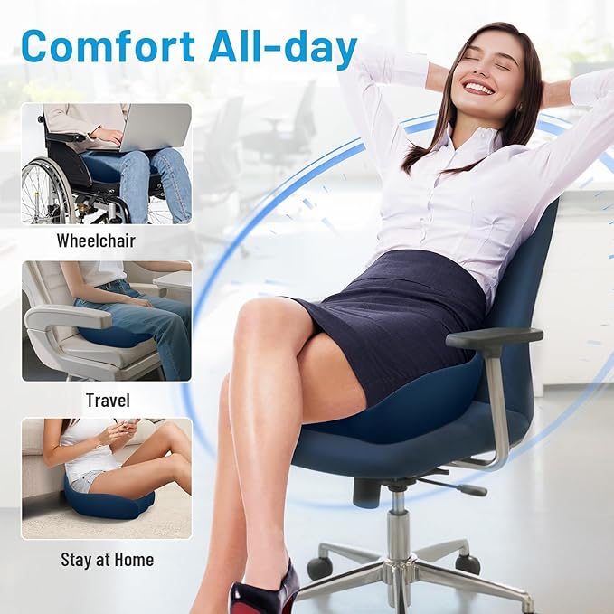 Seat Cushion, Memory Foam Office Chair Cushions, Ergonomic Curved Design for Sciatica, Tailbone, Coccyx, Seat Support for Car, Desk Chair, Wheelchair, Enhances Long Sitting Comfort (Blue)
