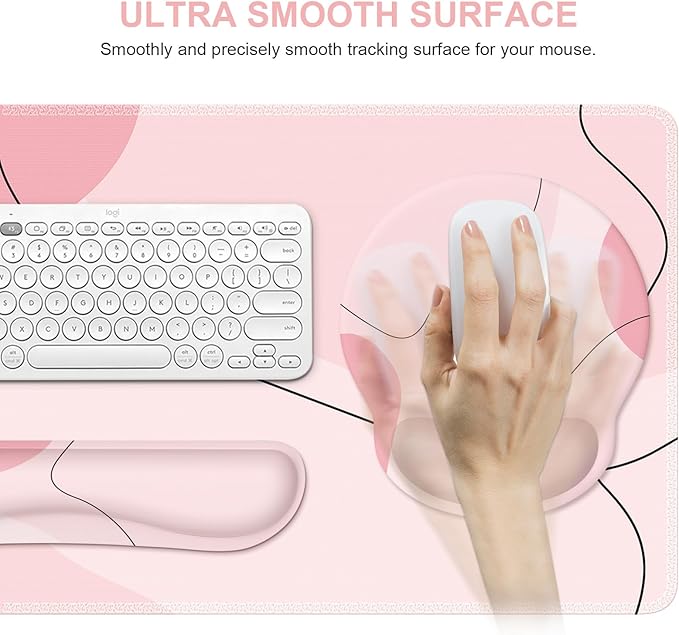 iCasso Large Gaming Mouse Pad Wrist Support Set, Desk Mat, 4in1 XXL Mousepad + Keyboard Wrist Rest+Mouse Wrist Rest+Coaster Set with Ergonomic Design for Home Office Table Computer-Pink Art