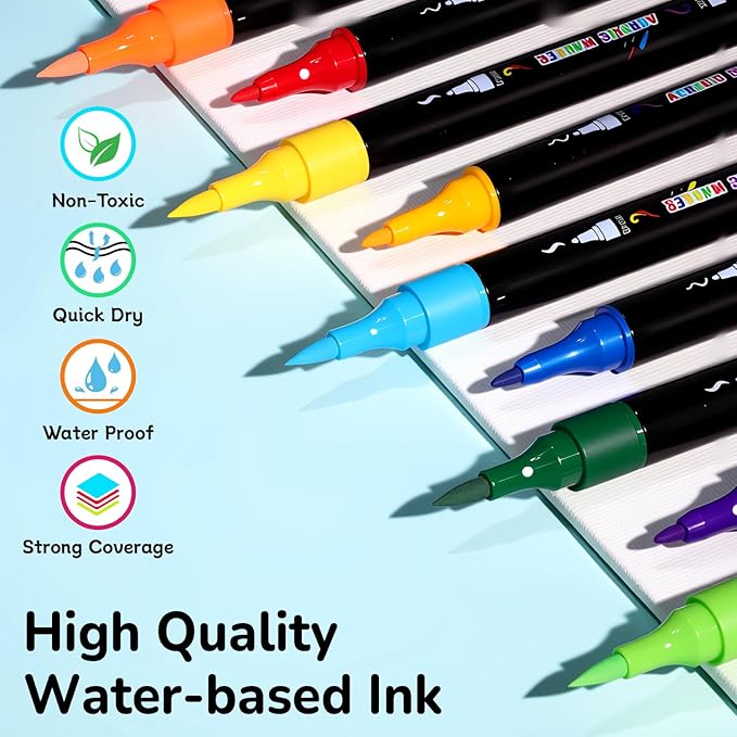 Acrylic Markers, 60 Dual-Tip Paint Pens for Rock Painting, Colouring Books, Mugs, Canvas Shoes, Metal, Scrapbooking - Quick Dry, Brush & Fine, Drawing Markers, Classrooms Must Have