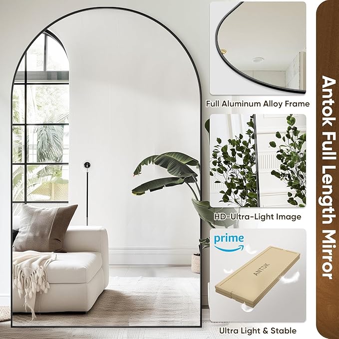 Antok Full Length Mirror, 88"x44" Oversized Floor Mirror Freestanding, Full Body Mirror Floor Standing Mirrors with Stand, Hanging Mounted Mirrors for Living Room Cloakroom,Black,Arched Style