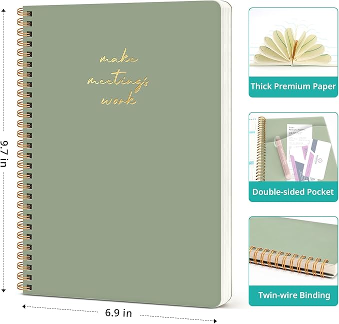 6 Pack of Meeting Notebook for Work Organization - Work notebook with action items, Meeting Minutes Planner Notebook, Perfect Office Supplies for Men & Women - Green