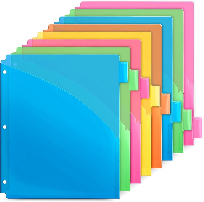 Dunwell 2-Pocket 8-Tab Divider Pockets, (6 Sets, 48 Count), 5 Colors, Plastic 8 Subject Notebook Tab Dividers for 3-Ring Binders, Includes Label Inserts, Durable Acid-Free Poly