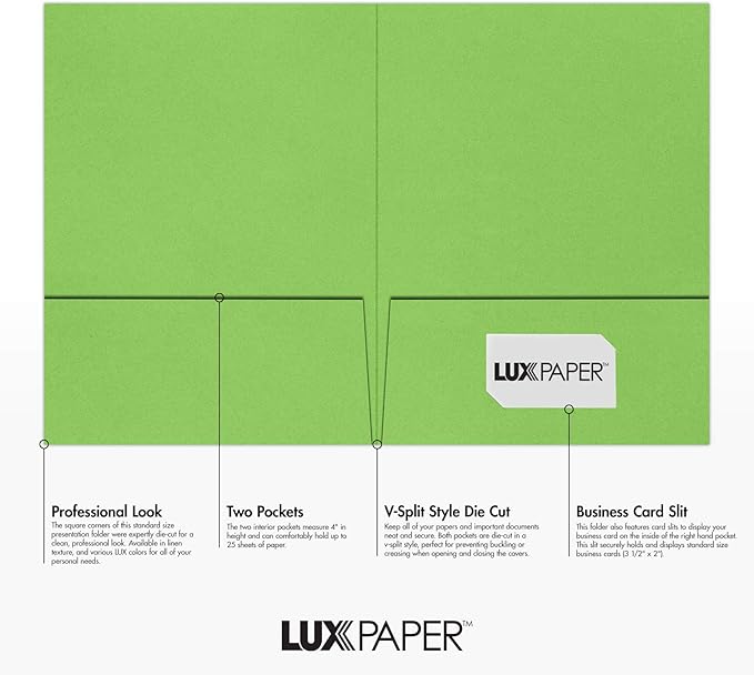 LUXPaper 9" x 12" Presentation Folders | Two Pocket | Limelight Green | 100lb. Cover | 10 Qty
