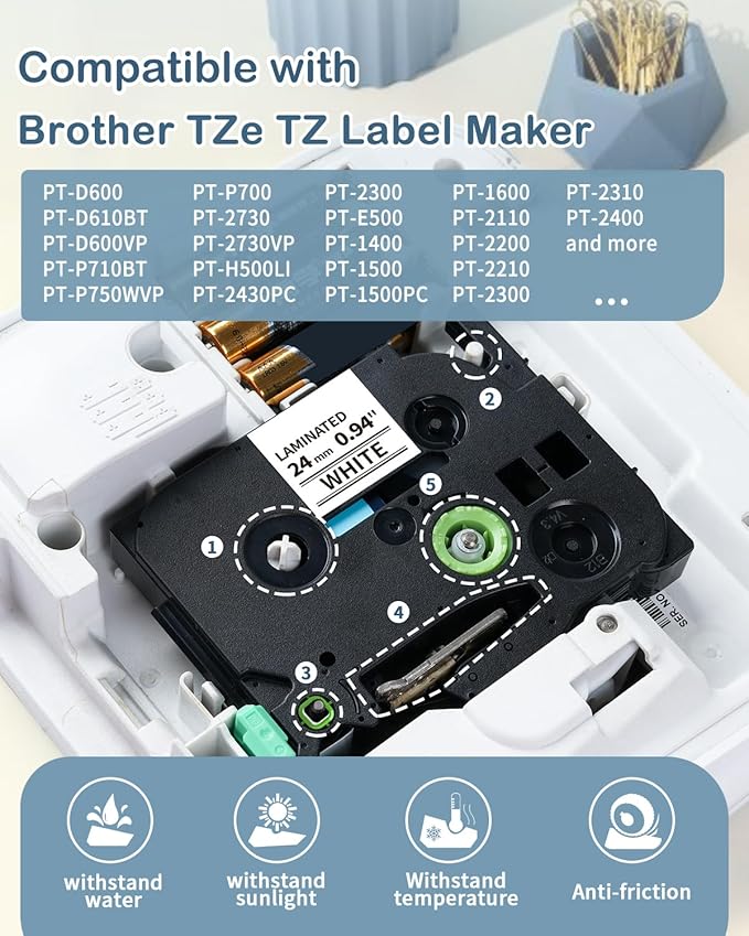 Markdomain Compatible TZe-251 TZe TZ 24mm 0.94 Black on White Label Tape Replacement for Brother PTD600 PTD600VP PTP700 PTP710BT PTP750W P Touch 24mm.94 White TZE251 TZ-251 Label Refills, 6-Pack