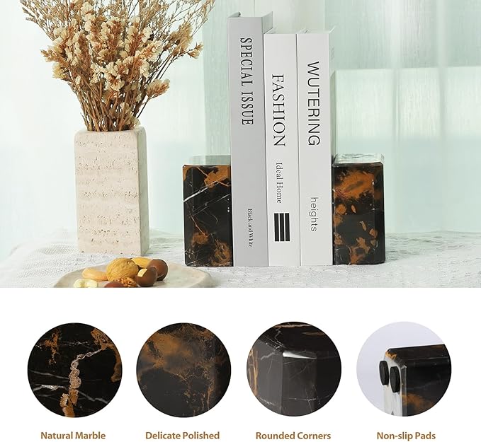 BCS Italy Natural Marble Bookends for Shelves, 7lbs Decorative Book Ends for Heavy Books, Athenian Column Stone Book Holders, Office Bookshelf Stopper Decor for Books, CDs, Video Games (Nero Portoro)