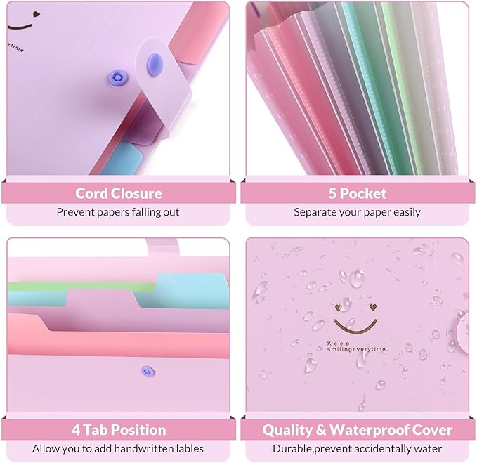 SKYDUE Expanding File Folder with 5 Pockets, Cute Accordion File Organizer, Letter Size Filing Folder, Portable Paper Receipt Organizer, School Office Supplies Purple