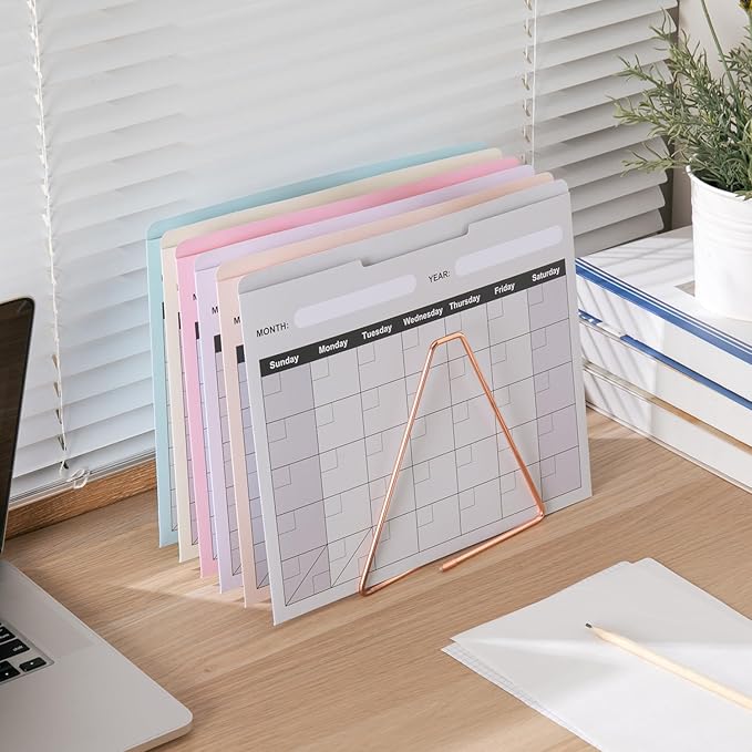 Y YOMA 6 Pack File Folder Jackets Letter Size Paper Pocket File Folder with Reinforced Straight-Cut Tab Pre-Printed Job Folders No Expansion Organizer for Office, Soft Colors, Calendar Design