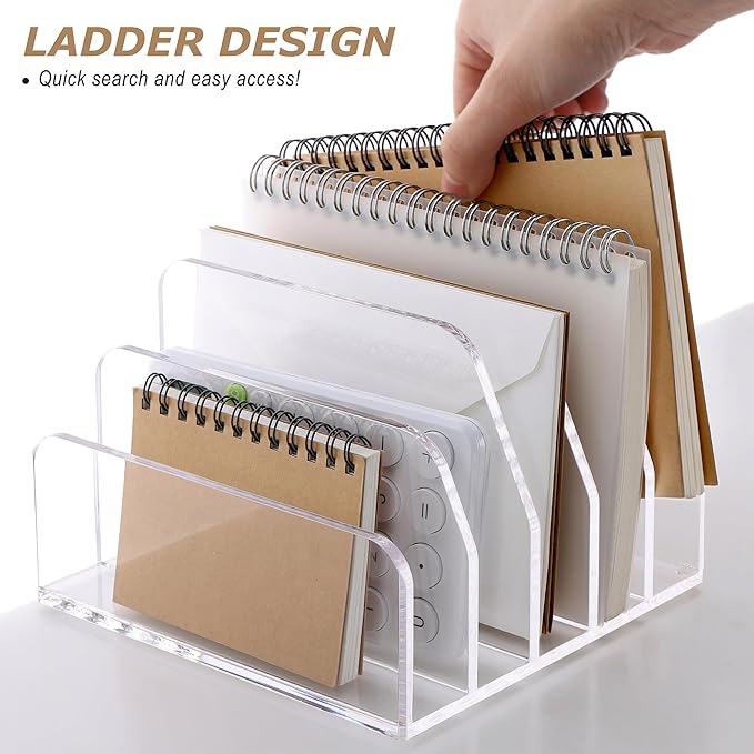 SANRUI Acrylic Desk Mail Organizer Sorters, Clear 5 Upright Compartments Laddered Desktop File Letter Holder, Multifunction Envelope Vertical Folder Racks Document Holders for Office, Home, School