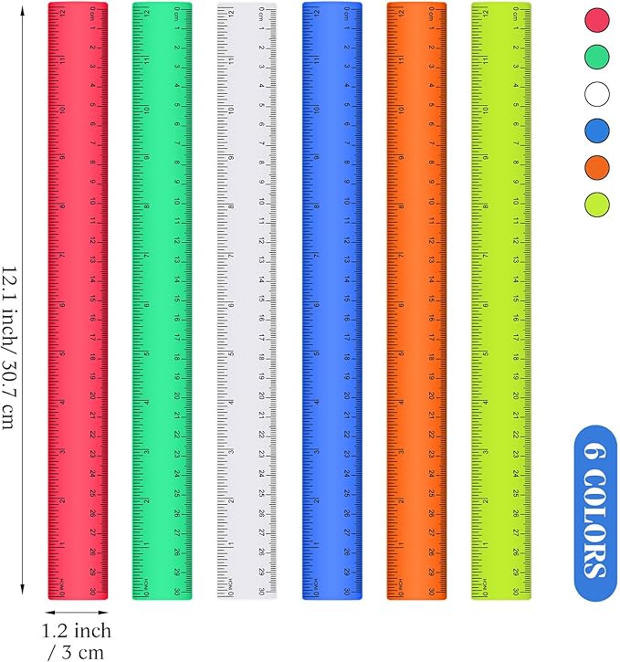 Zonon 6 Pcs 12 Inch Ruler Bulk Colorful Plastic Flexible Straight Metric Rulers with Centimeters and Inches Drafting Measuring Tool for Classroom School Students Education