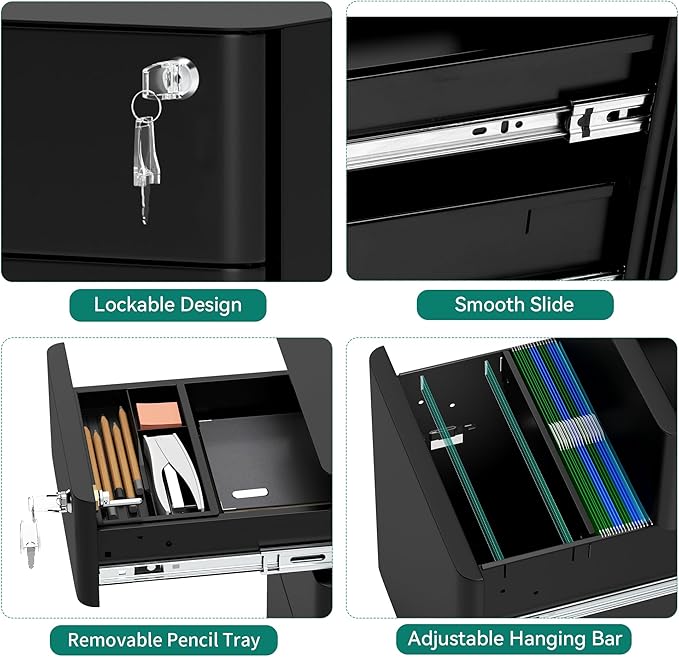 YITAHOME 3-Drawer File Cabinet, Lockable Mobile Filing Cabinet for A4/Letter/Legal Size Folder, Vertical File Cabinet for Home Office, Installed Except Casters, Black
