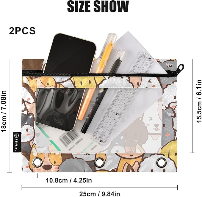 ZAZYXTJ Personalized Cute Dog Binder Pencil Pouchs 3 Ring with Zipper Clear Window Office Organizers bag for School Students Teacher Supplies 2 Pack