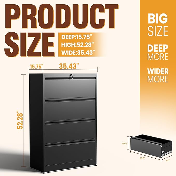4-Drawer Lateral File Cabinet with Lock, Black Metal Filing Cabinet for Office or Home – Secure Storage for Letter/Legal/A4/F4 Documents, Easy to Assemble Locking File Organizer (Black, 4 Drawer-52"H)