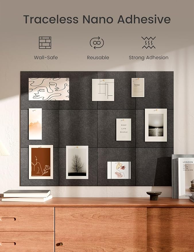 Bumusty Large Cork Board 47"x35" Alternative - 12 Pack Felt Wall Tiles with 70 Safe Removable Adhesive Tabs, 30 Pushpins, Cork Boards for Walls Pin Board Bulletin Board Office Decor (Charcoal Gray)