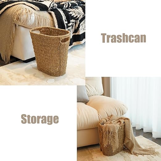 PINXIURY Bathroom Wicker Trash Can Wicker Waste Basket with Built-in Handles Seagrass Hand Woven Garbage Can for Bedroom Office Kitchen 100% Handmade