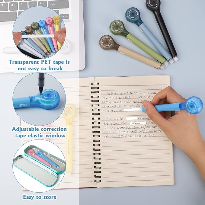 8 Pack Correction Tape Pens, 8 Color Comfortable Pen Shape Correction Pen Tape Pens Easy to Use Applicator for Instant Correction School Office Supplies, 1/5" X 236"