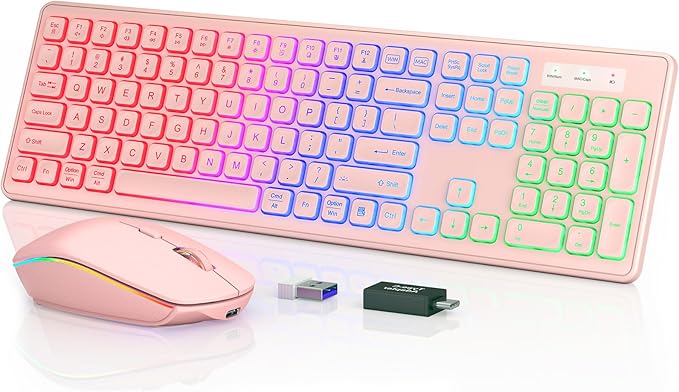 Wireless Keyboard and Mouse Combo - RGB Backlit, Rechargeable & Light Up Letters, Full-Size, Ergonomic Tilt Angle, Sleep Mode, 2.4GHz Quiet Keyboard Mouse for Mac, Windows, Laptop, PC, Trueque, Pink