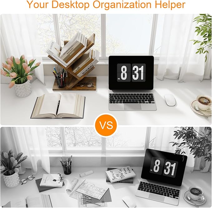 Tajsoon Tree Bookshelf 3 Tier Book Shelves Storage Organizer, Desktop Bookshelf Floor Standing Bookcase Display for Magazine/Books, Small Tree Bookshelf for Bedroom, Living Room Office, Rustic Brown