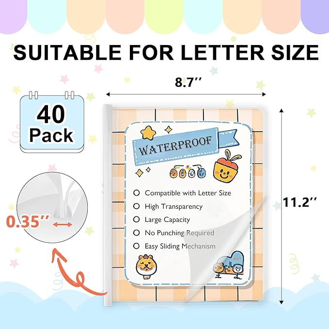 TOTiyea 40 Pack Clear Report Covers with Sliding Bars, Letter Size, 9mm (70 Sheet Capacity) White Sliding Bar File Folders