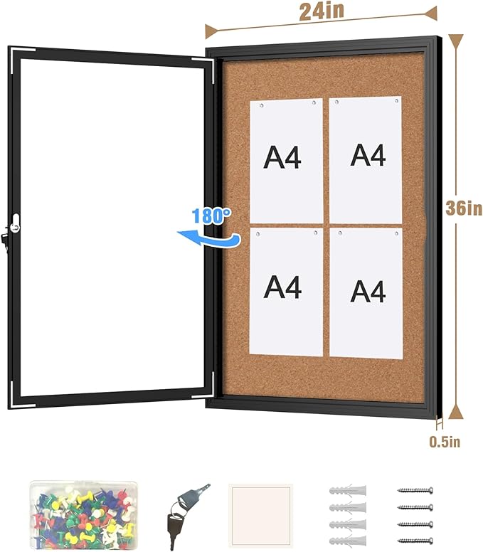 36"x24" Enclosed Bulletin Board, Outdoor Lockable Weather-Resistant Aluminum Cork Noticeboard for School & Office Hospital, Black Frame w/Cork