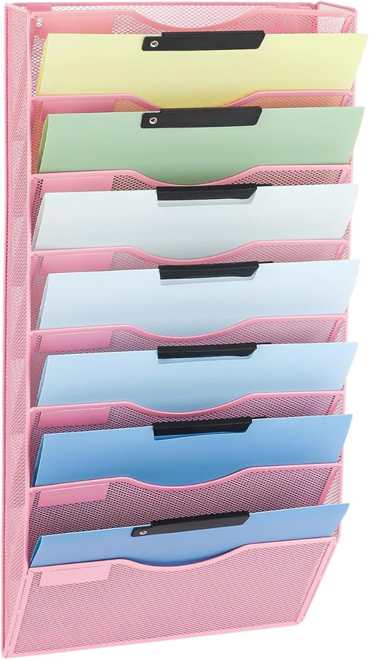 EASEPRES 8 Pocket Mesh Hanging Wall File Organizer, Wall Mounted Mail Paper Document Folder Holder, Clipboard Storage Organization Magazine Rack with Nametag Label for Office Home School, Pink