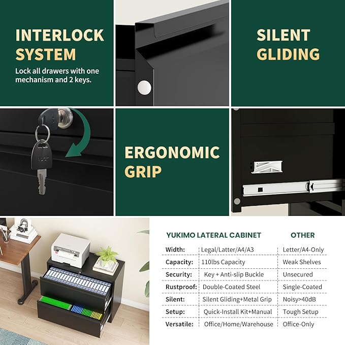 2 Drawer Lateral File Cabinet with Lock, 26.77“W File Cabinets for Home Office Legal/Letter A4 Size, File Cabinet Storage Cabinet,Require Assembly, Black