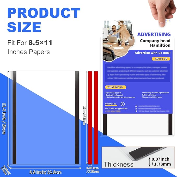 30 Pack 8.5'' x 11'' Inch Magnetic Sign Holders, Rigid Print Protectors, Paper Holder With Adhesive Tape, Plastic Document Holder For Posters Letter Paper Picture, Wall Mount Magnetic Frame for Refrigerator Window, Door, Home, Office, and Store