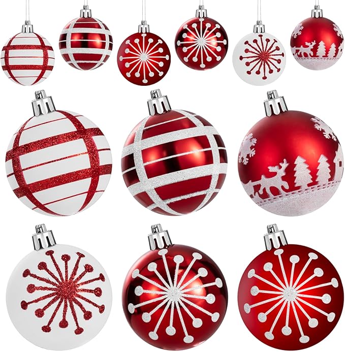 24PCS Christmas Ball Ornaments Set Xmas Tree Decoration Balls 2025 Shatterproof Hanging Colored for Party Wedding Home Party Outdoor Indoor White & Red
