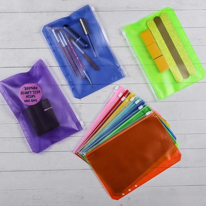 24Pcs A5 Binder Pockets 6 Holes Zipper Binder Pouch for Cash,ID Card,Credit Card, 8 Colors