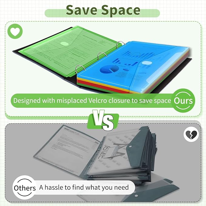 Sooez 48 Pack Binder Folders Organizer with Space-Saving Closure, Super Heavyweight Binder Pockets for 3 Ring Binders, High Capacity Binder Pouch, Side Loading, School Supplies, Letter Size, 8 Color