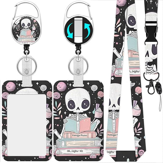 Cute Skull Reading Badge Holder Reel Lanyard,ID Card Badge Holder Retractable Name Tag Clips for Doctor Nurse Teacher Office Student